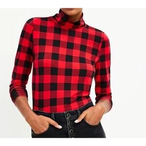 LOFT Red Black‎ Buffalo Plaid Turtleneck Long Sleeve Top - Size MP